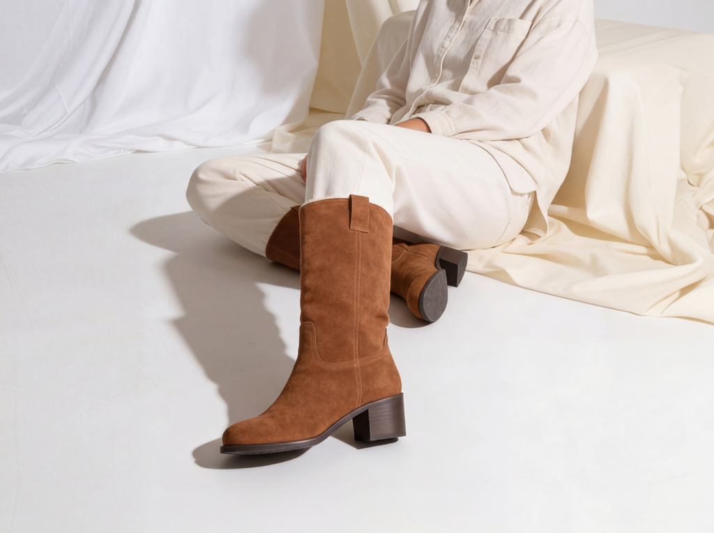 Tan suede ankle boots worn with cream trousers