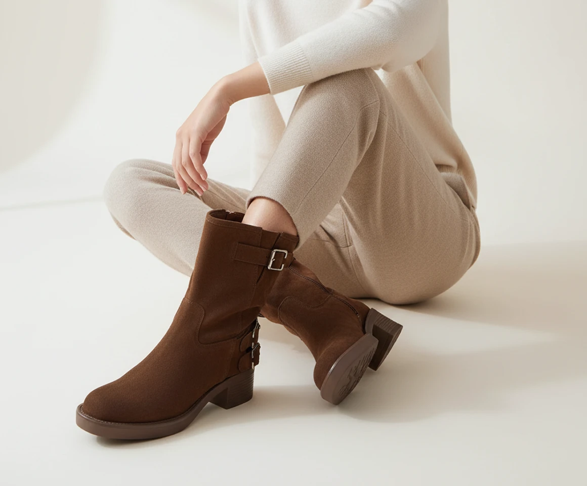 Brown suede ankle boots with buckle detail