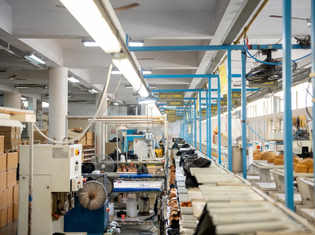 Assembly line inside the Foot On Shoes footwear factory in Agra